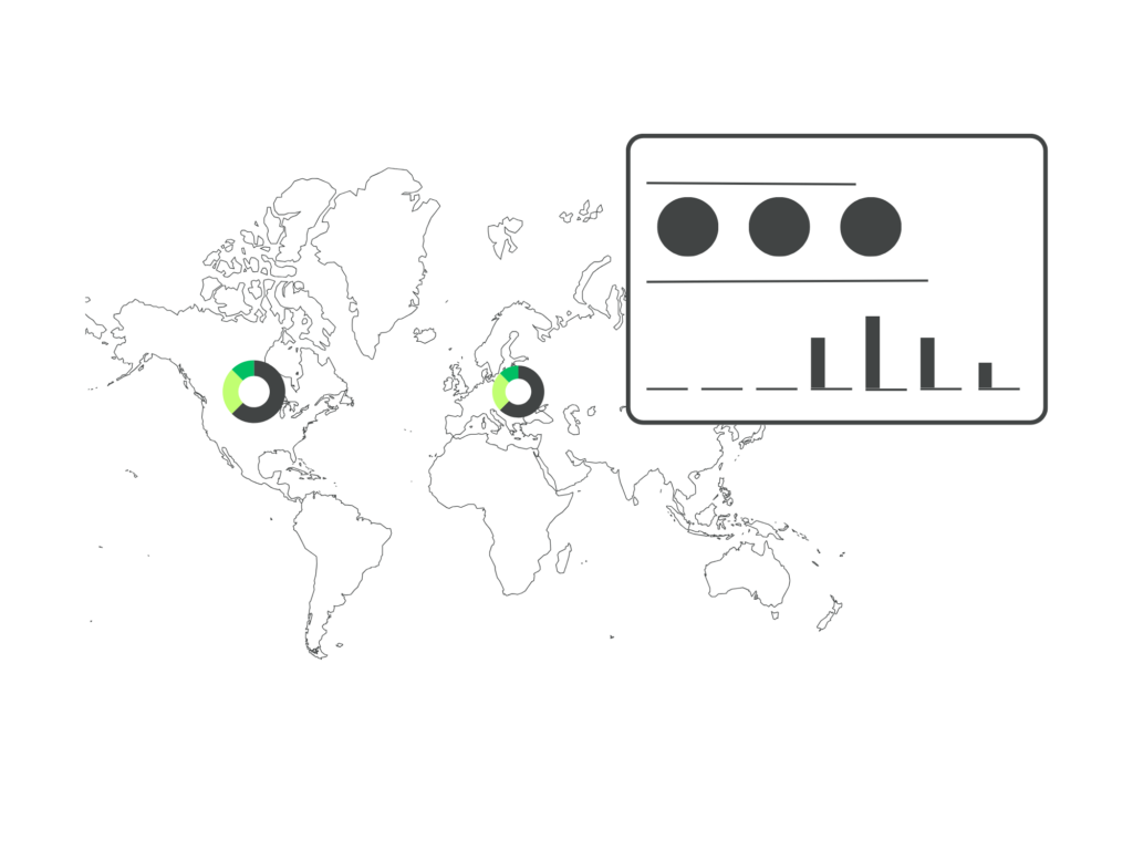 A world map with a pie chart
